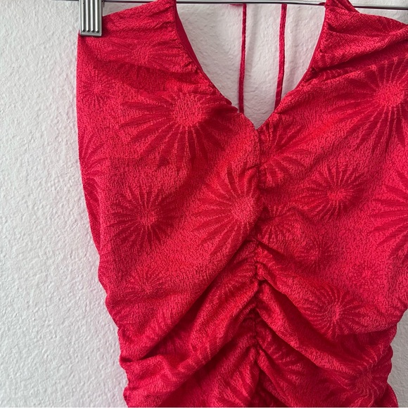 Zara Red Flower Jacquard Draped Ruched Dress Sz S - Picture 3 of 6